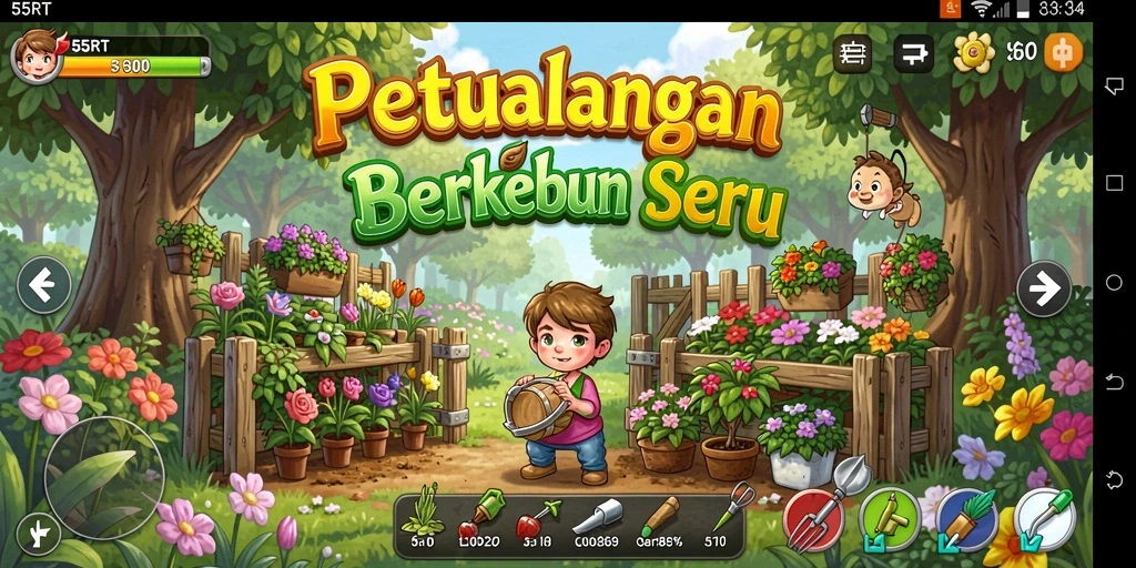 Screenshot gameplay 55RT menunjukkan aktivitas berkebun yang seru dan interaktif.