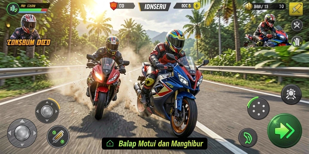 Tampilan gameplay seru dari IDNSERU dengan balapan motor yang menegangkan.