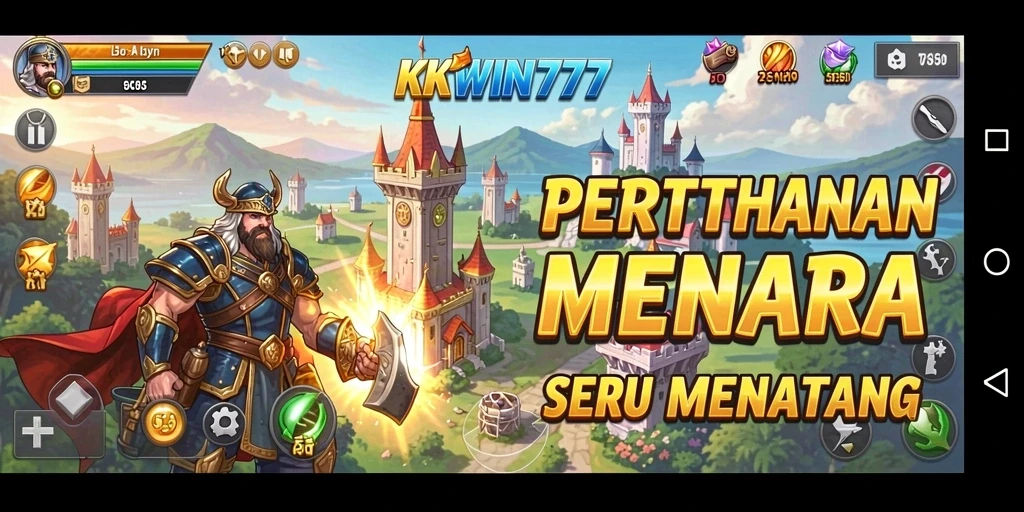 Screenshot utama gameplay Tower Defense KKWIN777 yang penuh aksi.