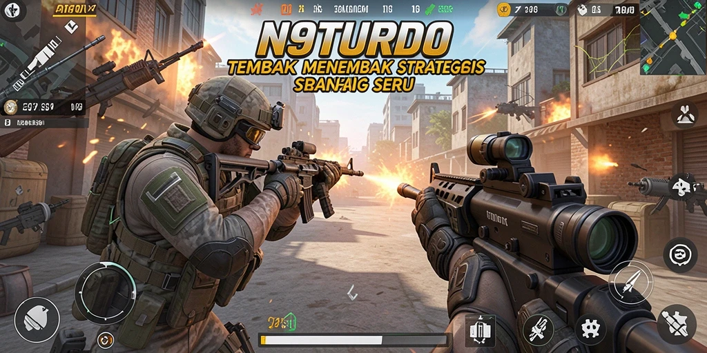 Screenshot utama N9TURBO menunjukkan aksi tembak menembak yang seru.