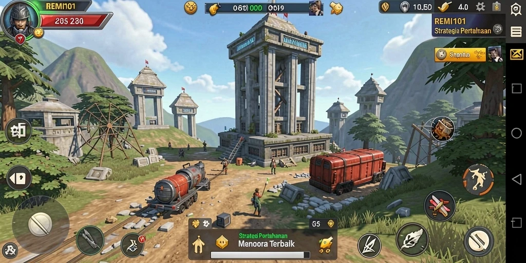 Screenshot REMI101 menunjukkan aksi menara mempertahankan markas dari serangan musuh.
